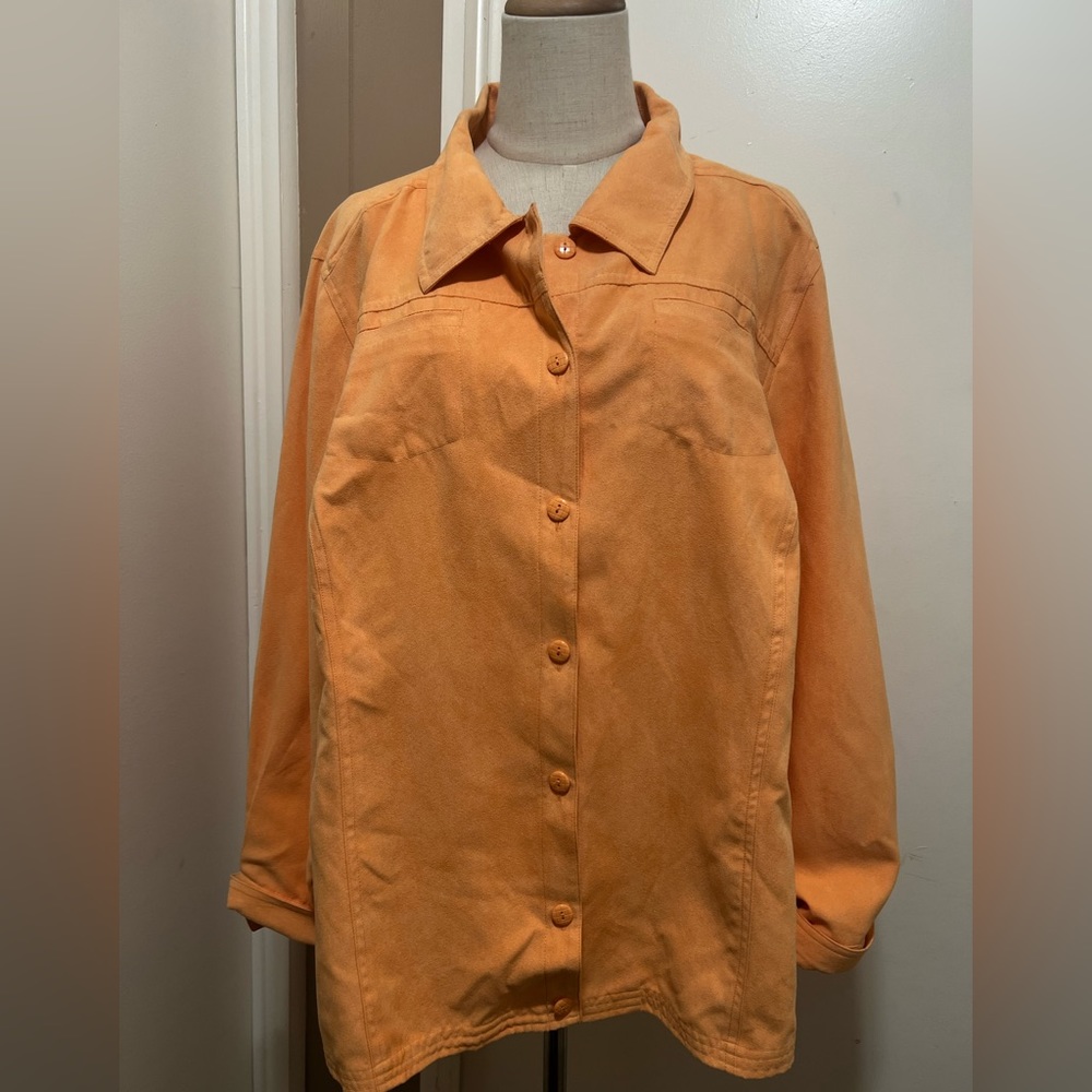 SUSAN GRAVER Bright Orange long sleeve button front suede feel shirt 2X